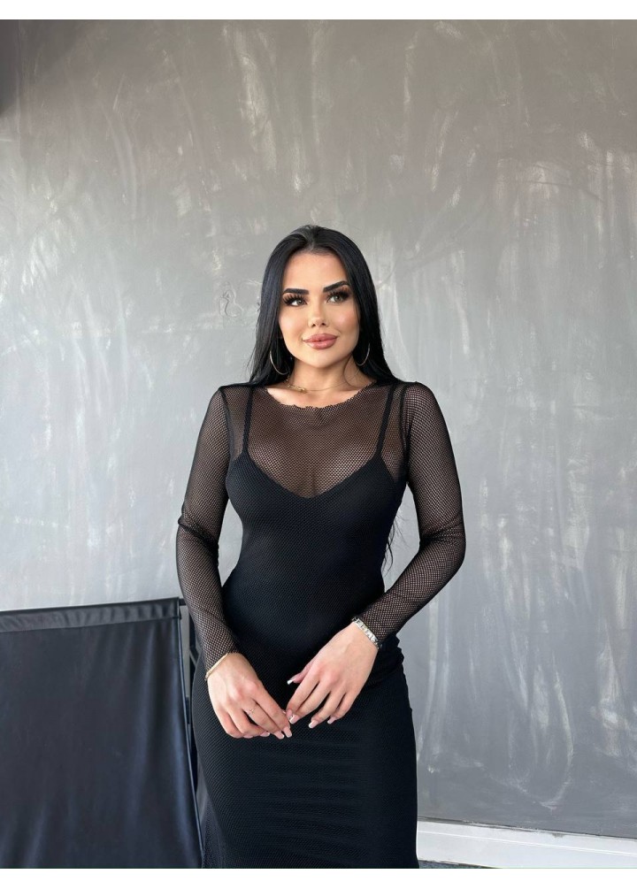 Siyah dalgıç kumaş ful transparan elbise